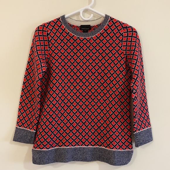 J. Crew Collection Cashmere Red Navy Diamond Print Crew Neck - Picture 3 of 8